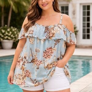 Boutique Women's 3X Blue Floral‎ Long Sleeve Tunic Casual